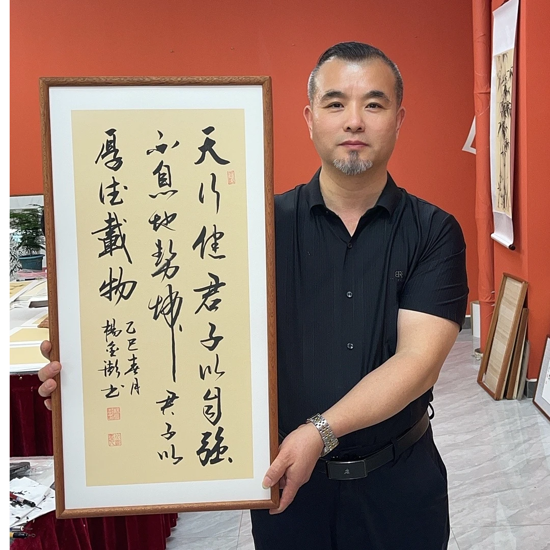 杨金澎手写作品/天行健君子以自强不息/古宣带框/36*69厘米左右