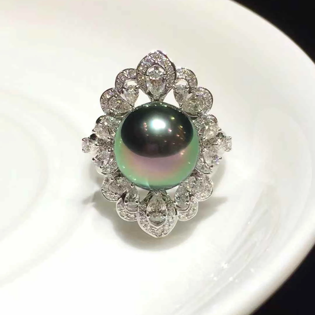 AKOYA珠宝 【孤品】大溪地珍珠QC戒指孔雀绿18k金镶钻11-12豪华1002