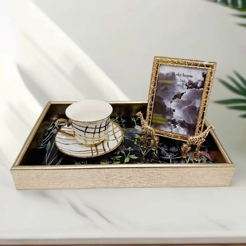 美式极简轻奢中式高端黑花托盘摆放首饰杯具收纳盘设计师出口品质