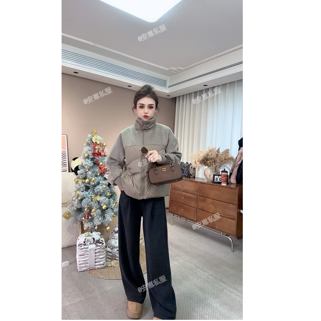 2024年冬装新款双面呢拼接羽绒立领拉链白鸭绒外套25