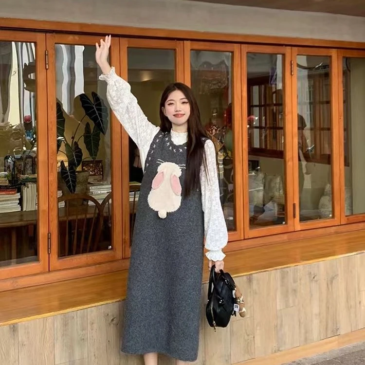 立体兔子灰色圆领背心连衣裙女早春宽松显瘦休闲叠穿无袖毛衣裙子