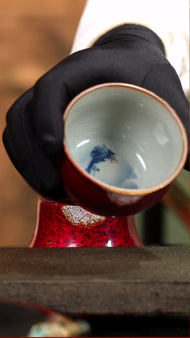 赤宝砂蛋壳镶嵌内绘主人杯-太古大漆