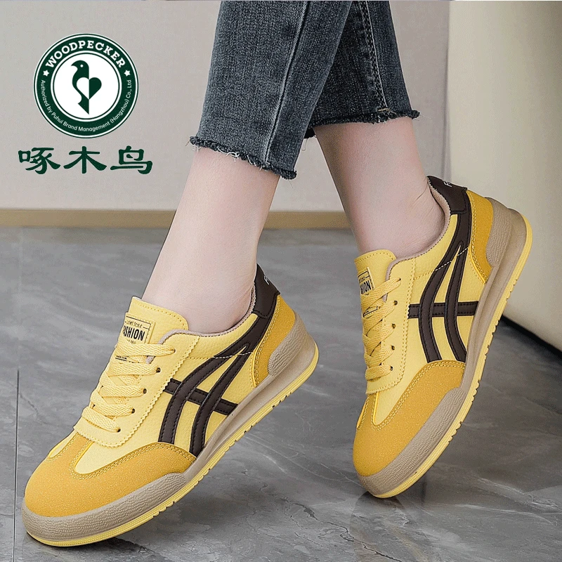 啄木鸟品牌时尚百搭网红同款皮面运动鞋2025春季新款软底韩版女鞋