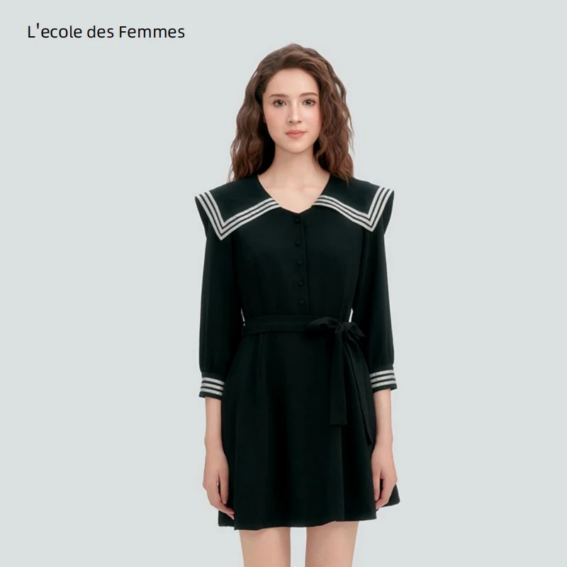 LDF大航海时代海军领学院风减龄大翻领系带黑色连衣裙52122