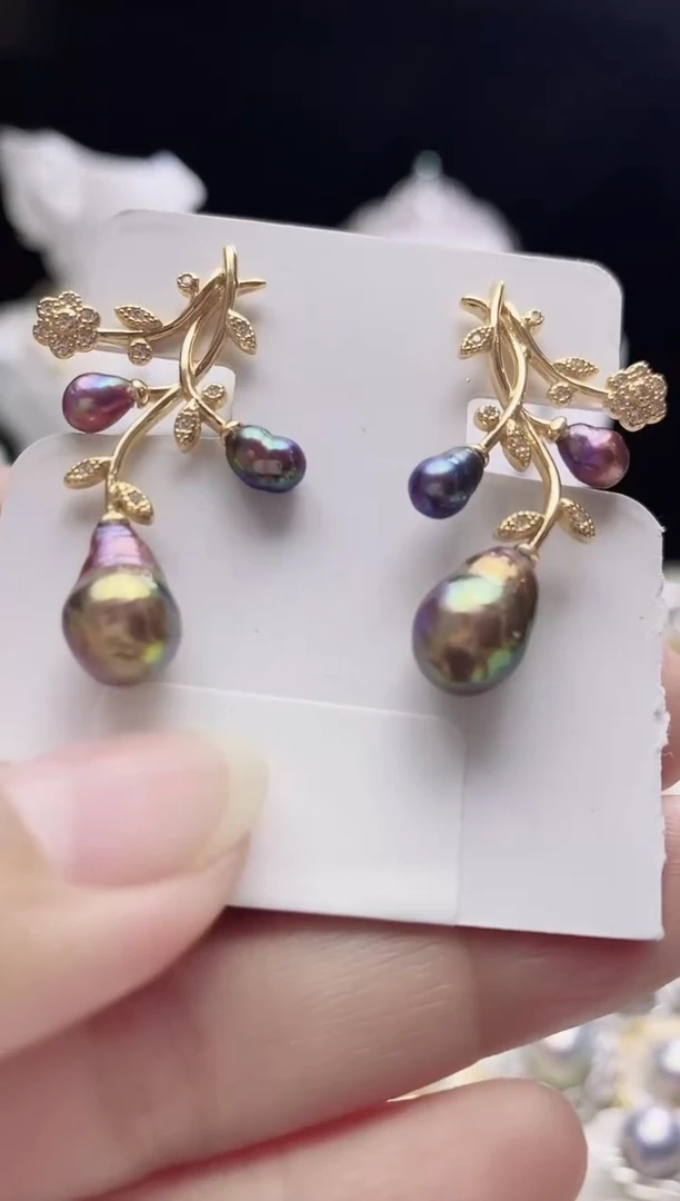 银S925镶嵌耳钉淡水珍珠淡水紫珠耳钉