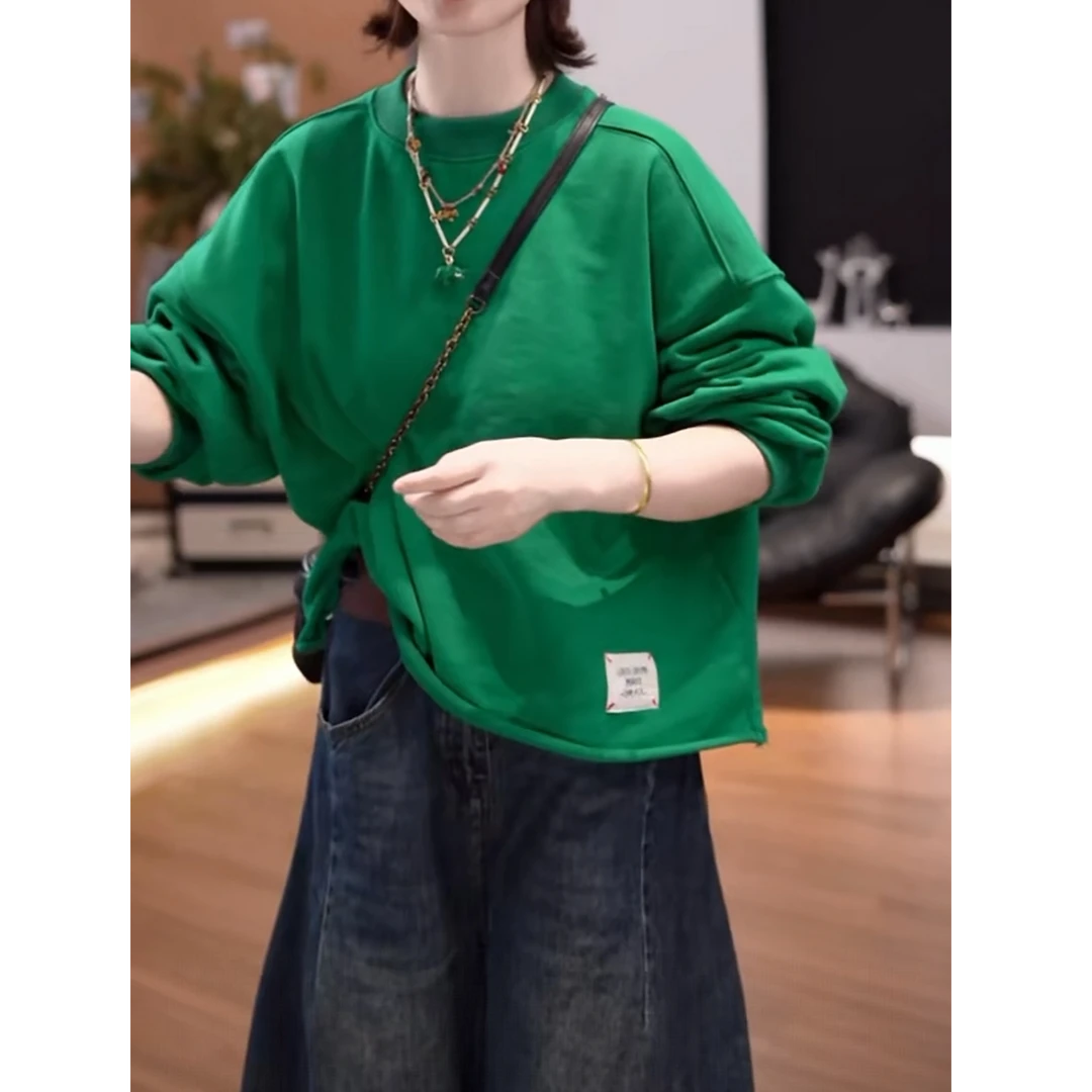 设计感圆领长袖卫衣女2025早秋新款百搭休闲显瘦下摆卷边上衣ins