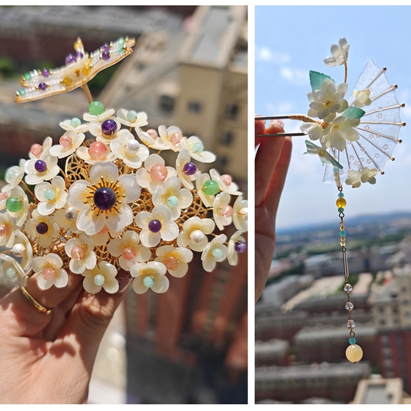 风雪初晴闹蛾热缩扇悠悠发簪手工汉服白带复古风超仙简约日常