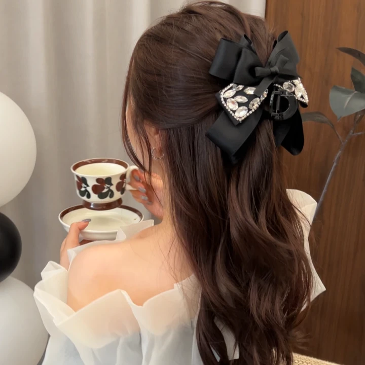 高级感黑色 闪钻多层蝴蝶结抓夹女时尚轻奢后脑袋盘发鲨鱼夹发卡