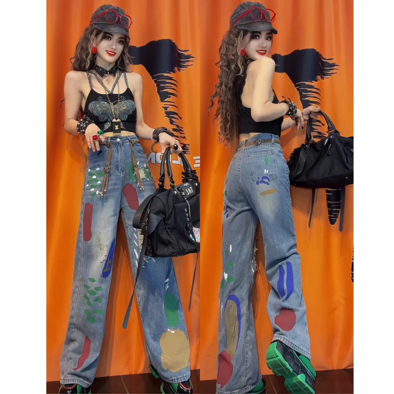 美式复古破洞涂鸦牛仔裤女春秋高腰潮牌直筒百搭阔腿垂感拖地裤子