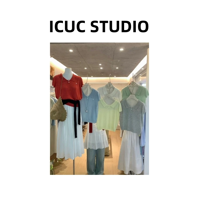 ICUC STUDIO-【Polo领小贴标镂空针织衫】设计透气短袖针织衫1386