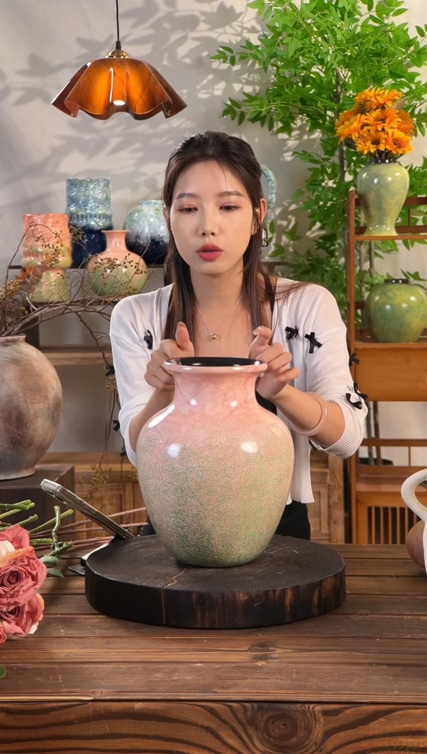 【绿脂凝春-大号胖肚瓶】无孔水培桌面陶瓷花瓶鲜花干花插花花器