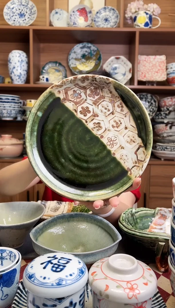 瓷片織部亀甲紋お盆皿