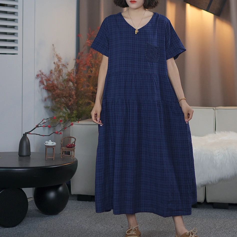 夏休闲宽松中长款大版显瘦格子连衣裙S0049