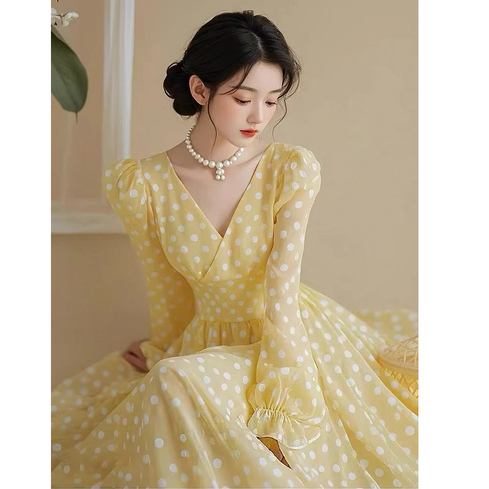剪标折扣早春新款法式高端精致收腰显瘦绝美黄色波点长袖连衣裙女