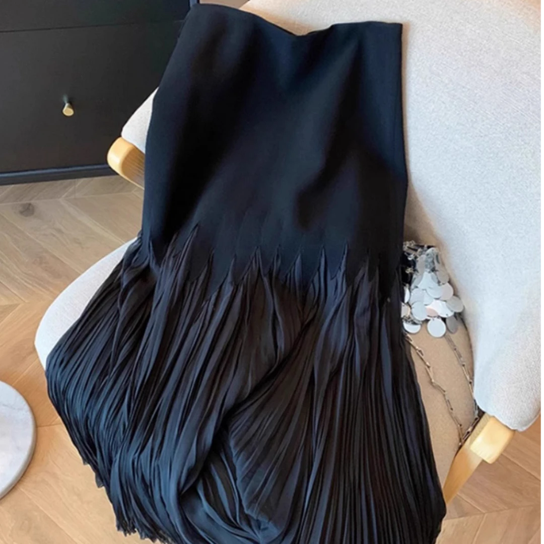 欧货高级感黑色网纱拼接鱼尾半身裙女春夏季a字百褶裙高腰长裙子