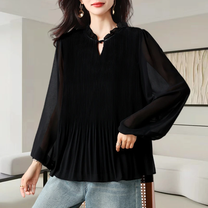 黑色V领长袖雪纺衫女秋季2025新款时尚减龄宽松显瘦休闲百搭上衣