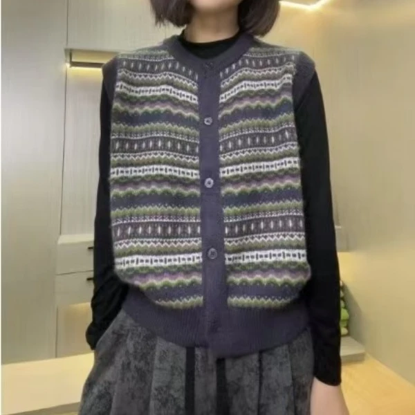 2025早秋新款复古提花马甲针织外搭叠穿时尚套头女士上衣开衫1060