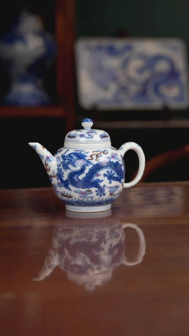 空山明月 新斗彩 双龙茶壶