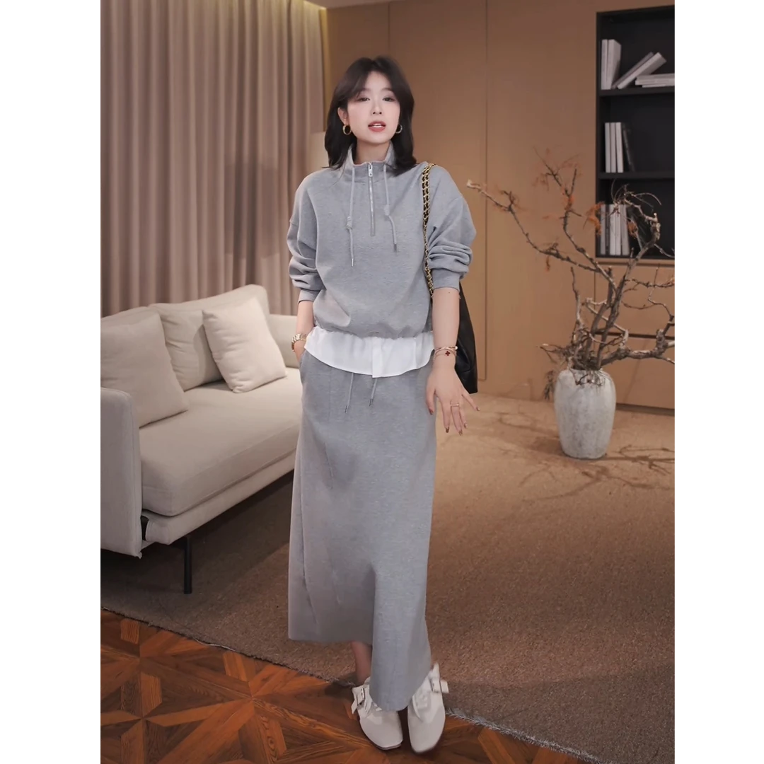 广州琴姐【棉感宣言】琥珀流光风立领拼接长袖卫衣半身裙女套装6502