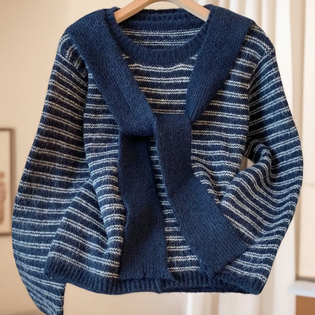 0231带披肩慵懒风条纹毛衣女秋冬韩系穿搭宽松显瘦休闲百搭针织衫