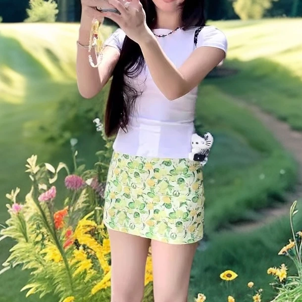 网红碎花原创印花半身裙柠檬清新休闲夏季时尚百搭包臀A字短裙