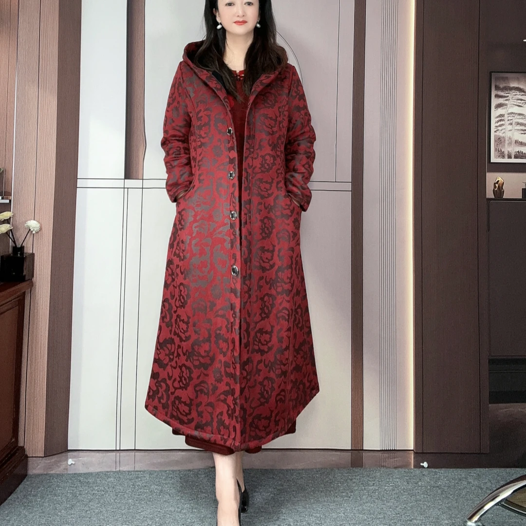 【加绒大衣】早春长款修身一体绒连帽保暖时尚气质显瘦妈妈款大衣