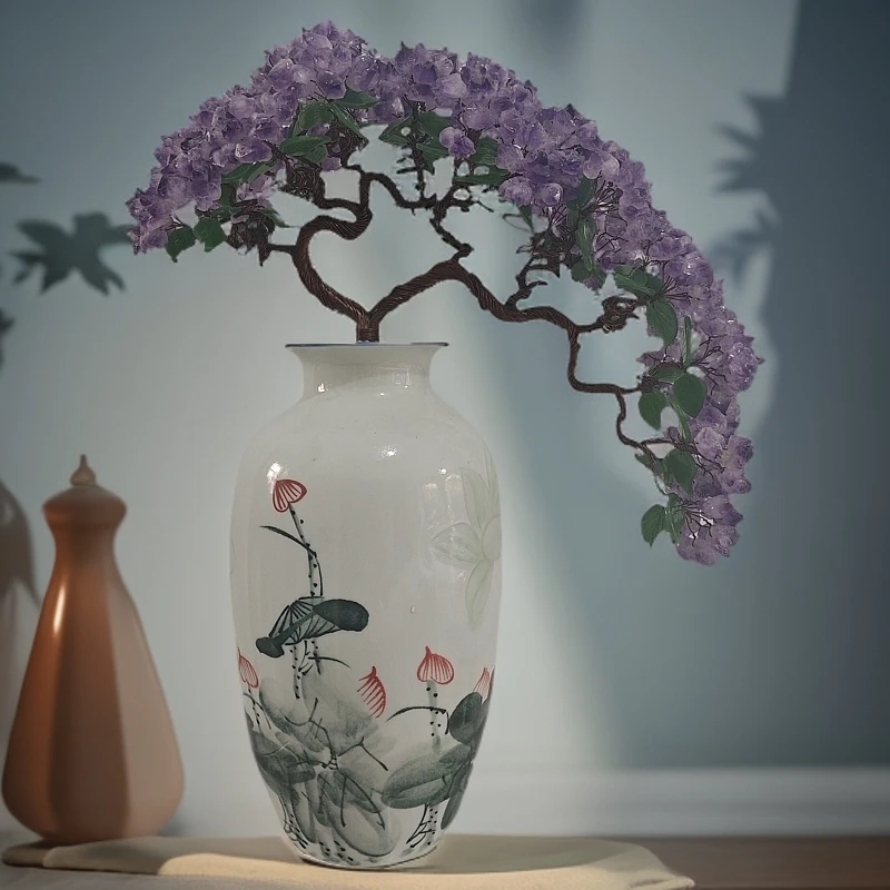 【卓越轻奢原创】荷塘月色紫水晶树摆件迎客松中式陶瓷摆件