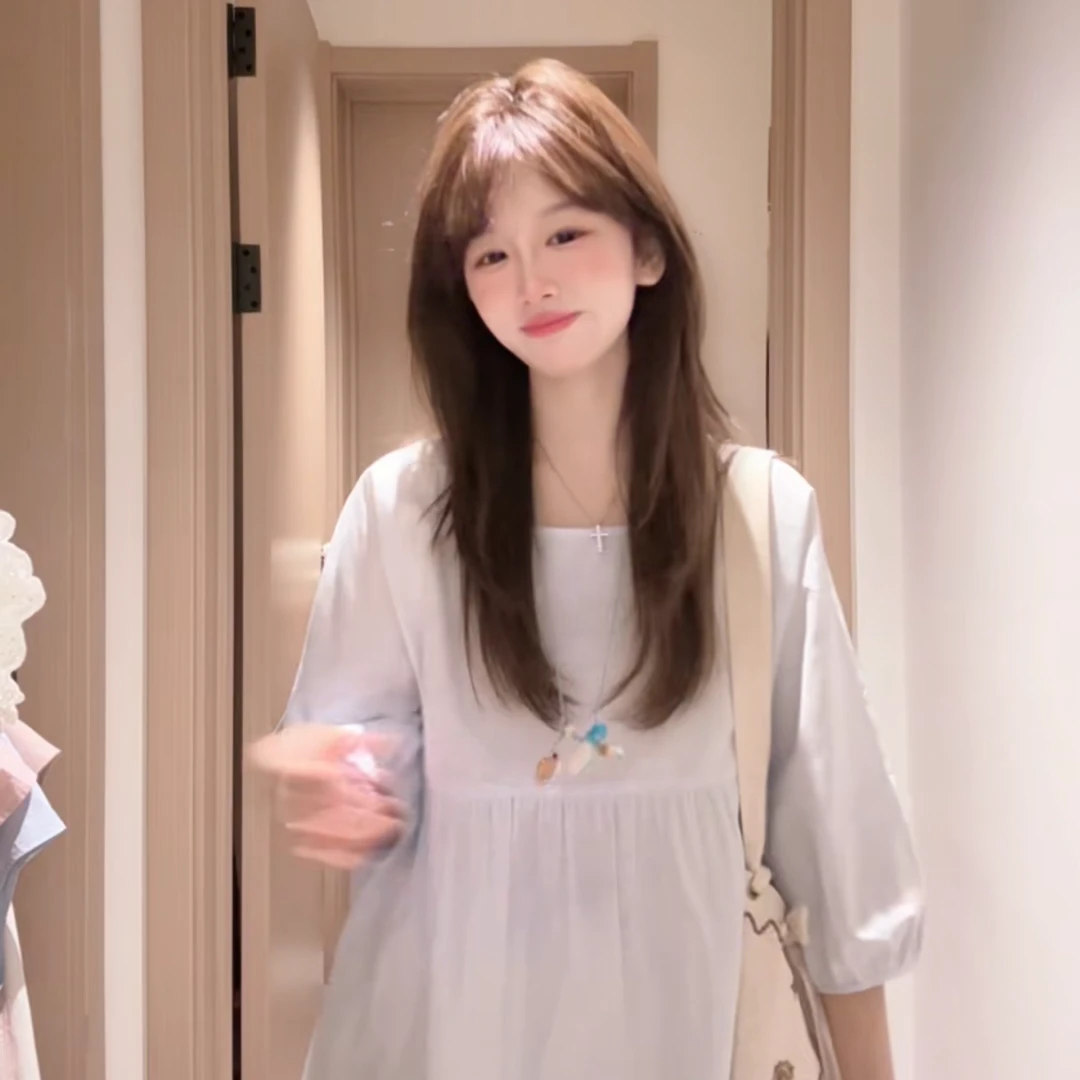 2025夏季新款亚麻中袖宽松显瘦奶蓝色衬衫上衣