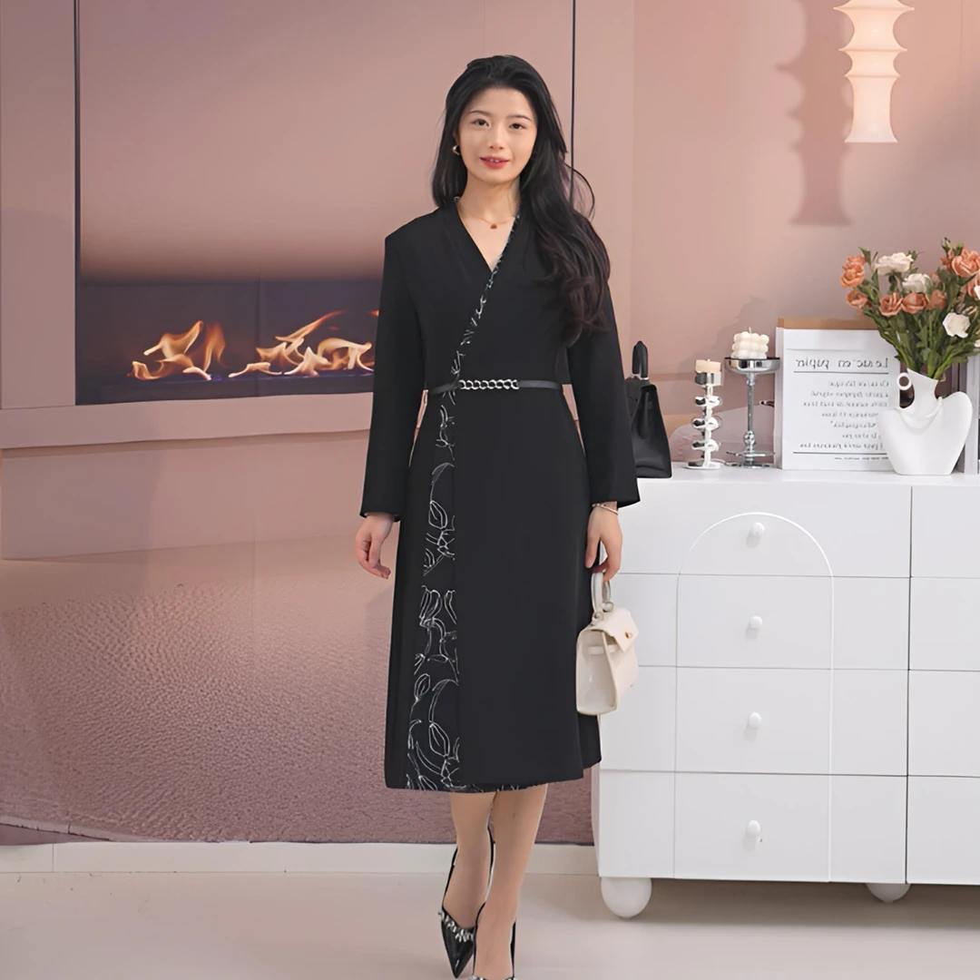 H2670女装通勤知性印花叠片撞色拼接收腰连衣裙