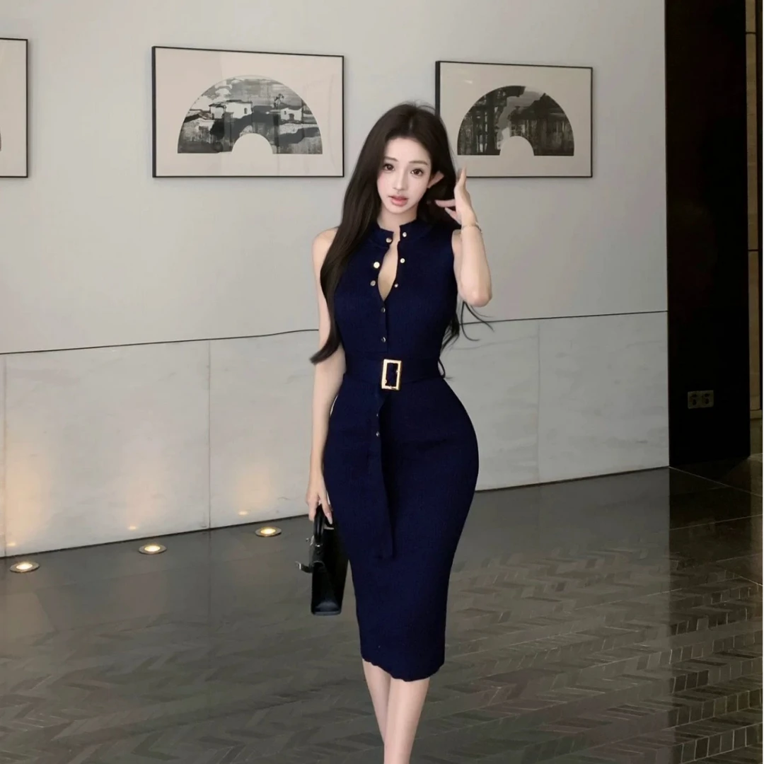 御姐风气质无袖针织背心连衣裙女夏季秋季中长款开叉收腰包臀裙子