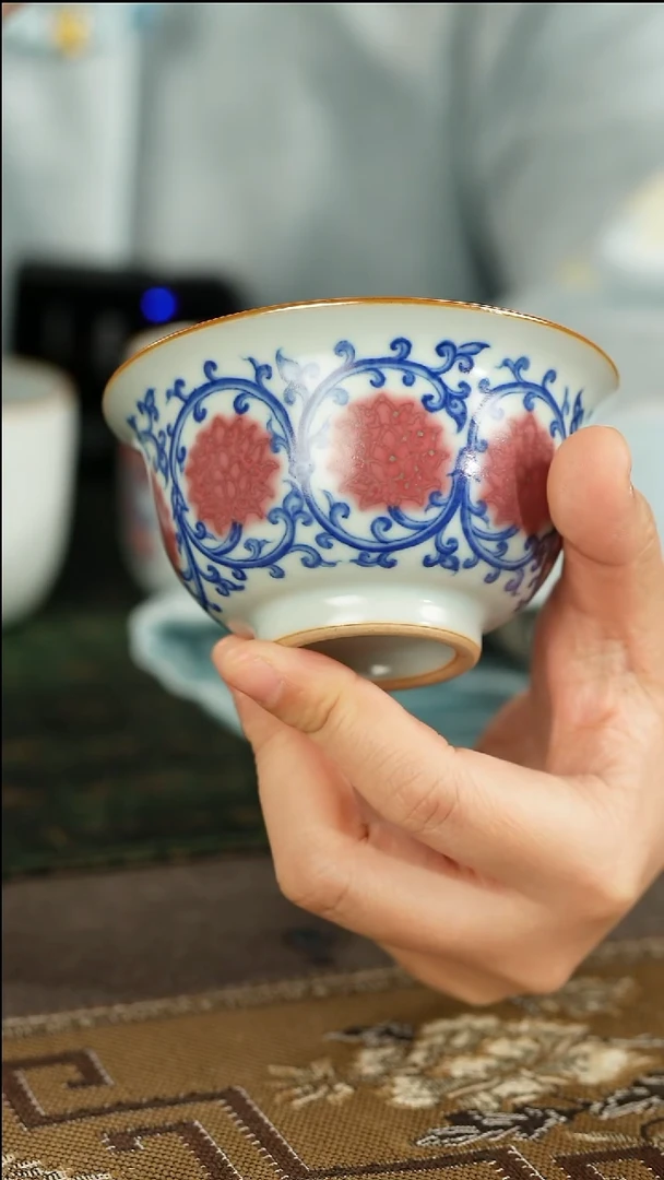 红**客善窑厂汝窑青花釉里红压手杯