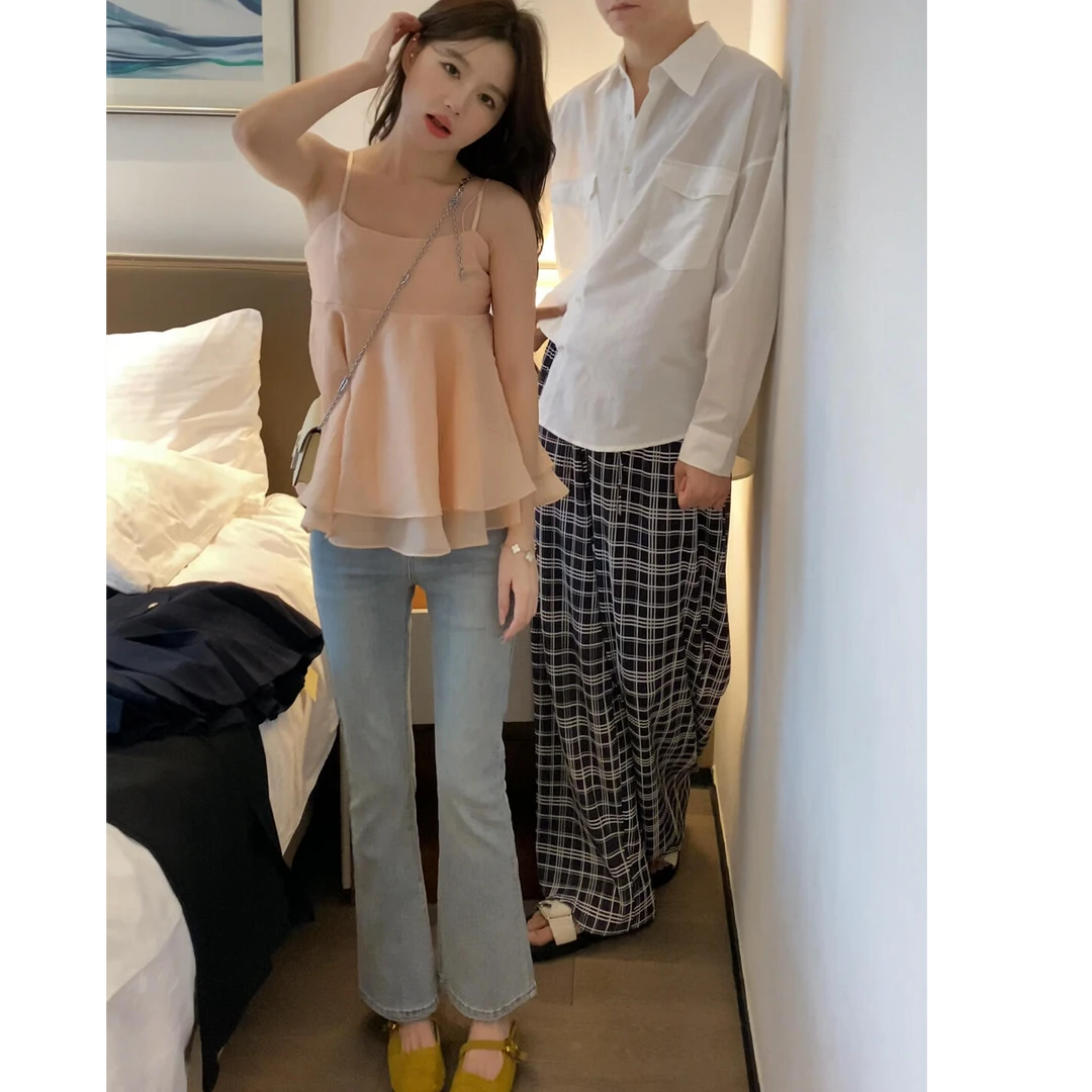 2025夏季新款韩系不规则下摆吊带背心上衣搭高腰显瘦牛仔长裤套装