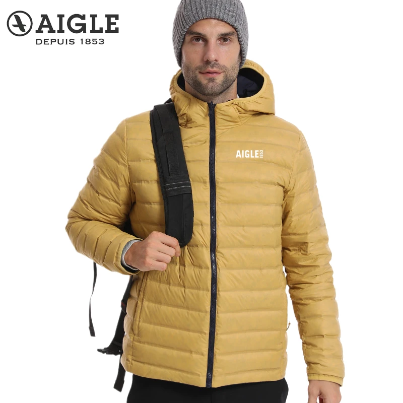 AIGLE/艾高男士轻量羽绒服户外秋冬款轻薄保暖白鸭绒双面连帽外套