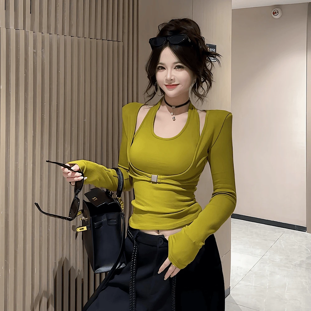 2025新款绿色挂脖假两件长袖t恤女秋冬季短款设计感小众内搭上衣