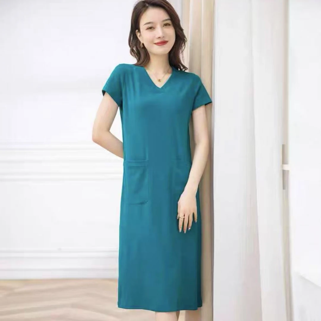 8276-（太空棉）口袋V领（孔雀兰）中长T袖裙