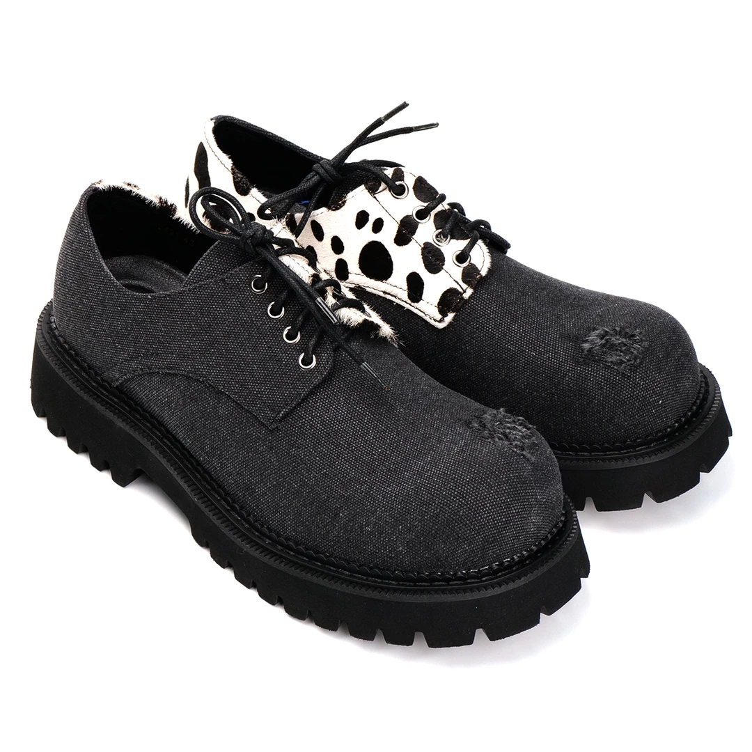 德比鞋男女款做旧翘头复古风鸳鸯豹纹大头皮鞋女马毛厚底增高单鞋