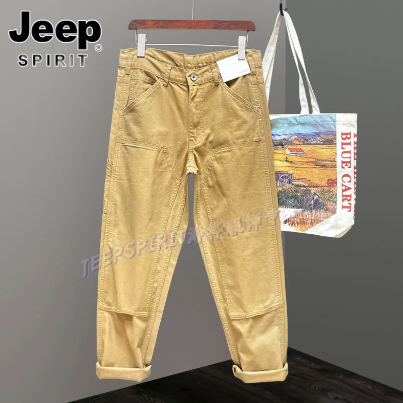 Jeep吉普春秋季薄款休闲裤纯色多口袋直筒裤男设计感拼接男士长裤