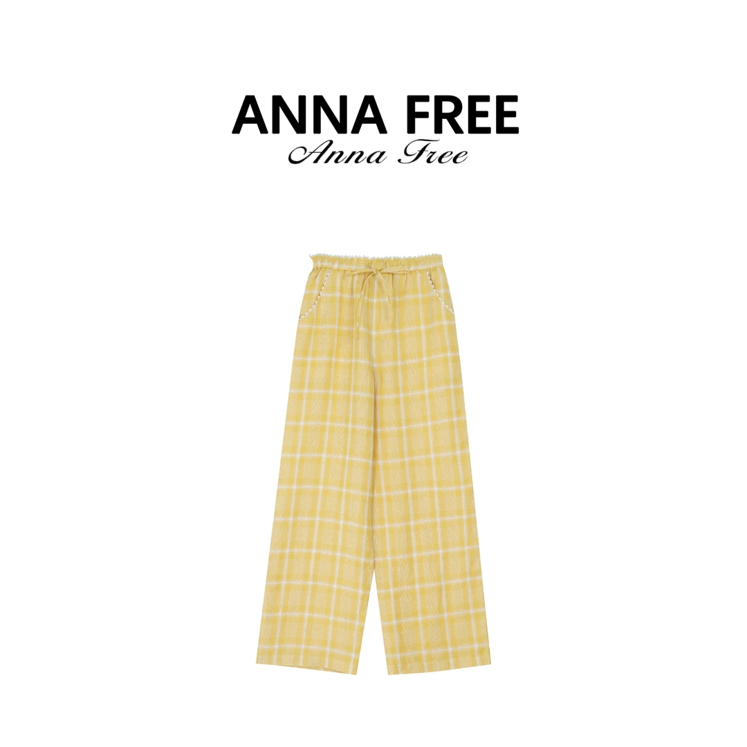 ANNA FREE 100亚麻新款垂感直筒休闲时尚格纹长裤ZCK25497