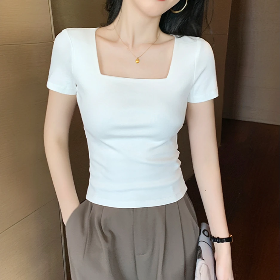 白色t恤女短袖法式方领2025新款春夏季修身打底衫正肩高级感上衣T