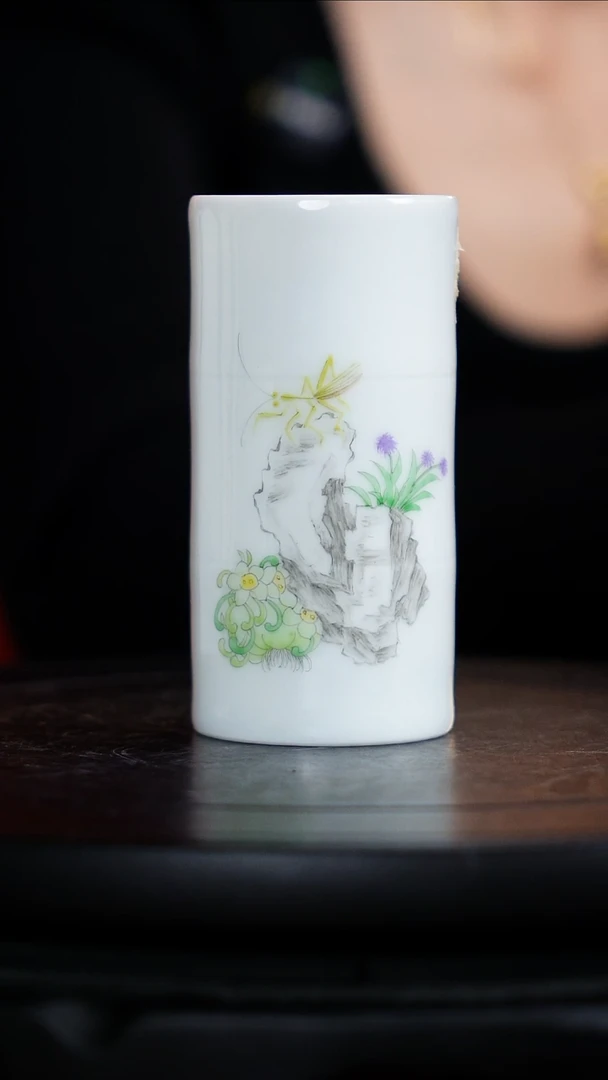 摆件陶墨彩兰花竹节杯