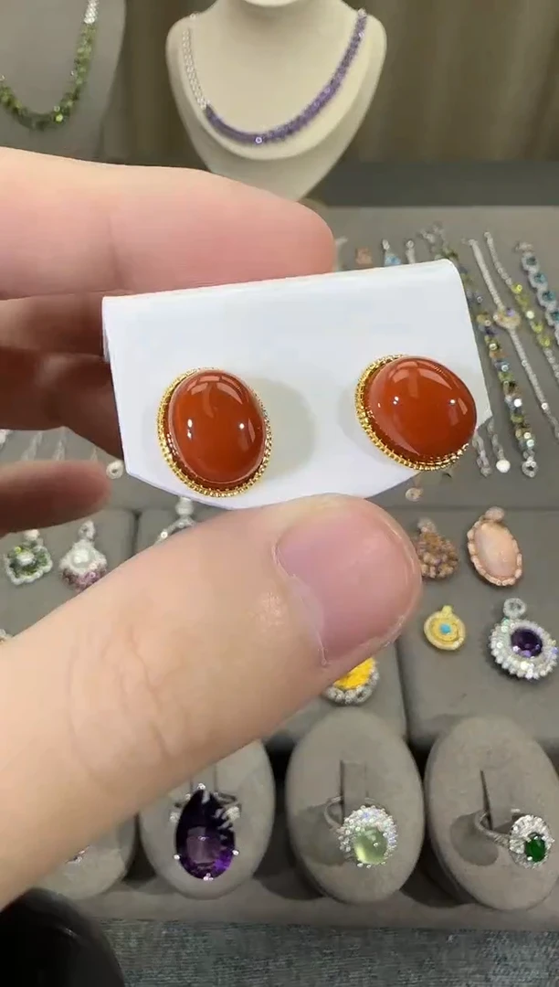 银S925镶嵌南红玛瑙耳饰9*11mm耳钉简约款