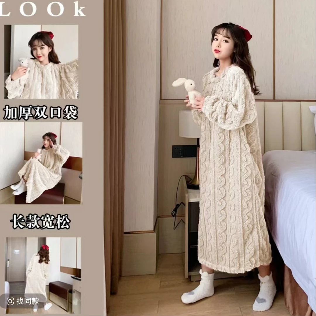 珊瑚绒睡衣女秋冬季加绒加厚大码家居服过膝睡衣裙