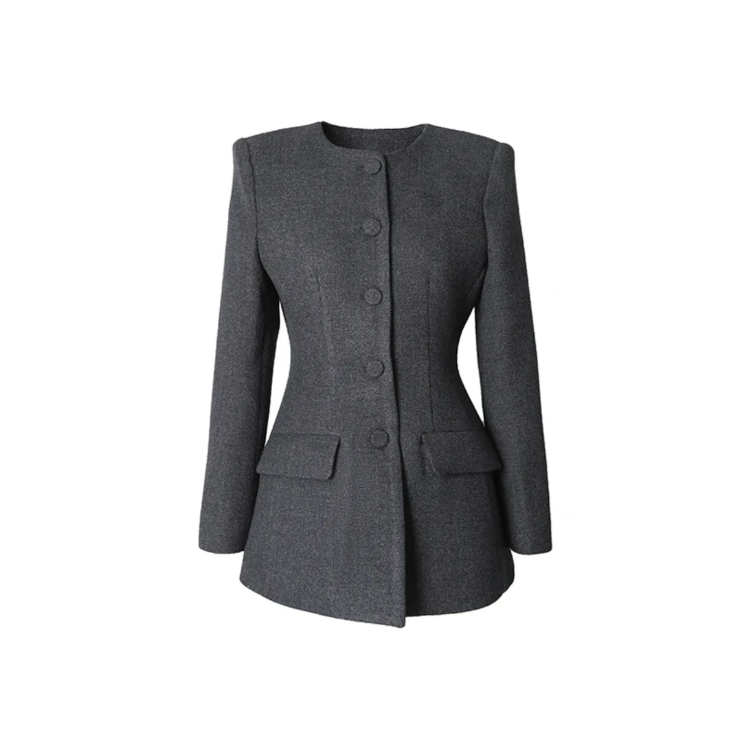 【YY STUDIO】 秋冬时尚气质漏斗腰型显瘦经典版毛呢西装外套