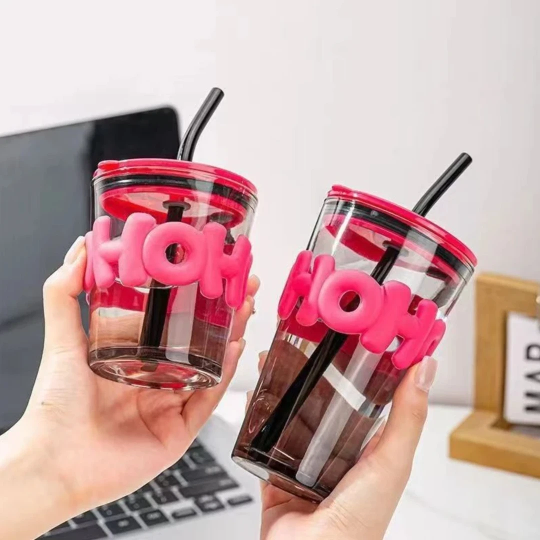 【福利价/2只装】玻璃水杯带盖吸管杯字母杯高颜值办公室水杯情侣杯