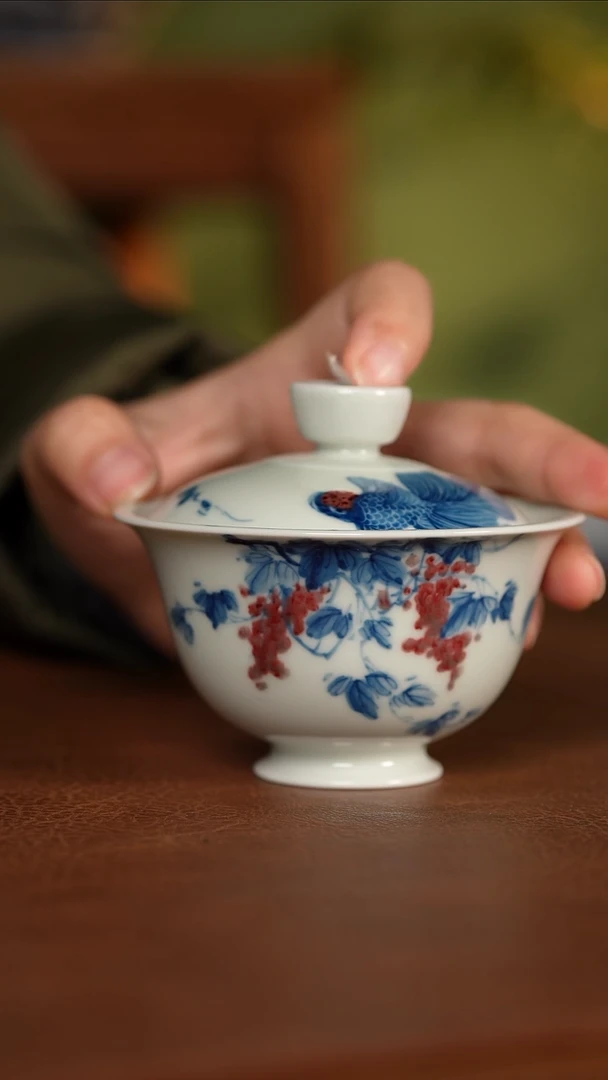 【闪购商品】杯晓月庐（林月红）紫藤金鱼盖碗