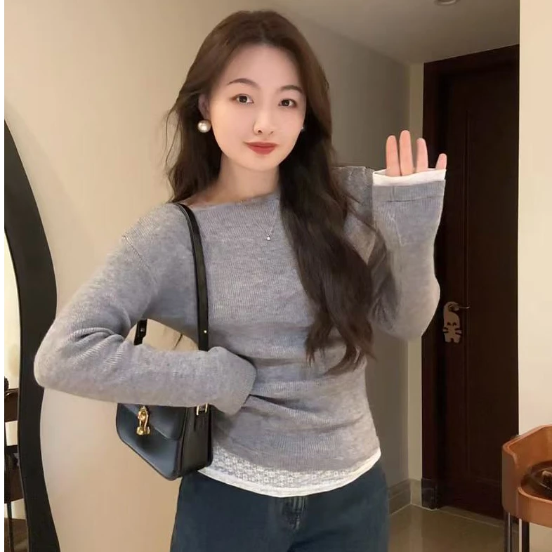 Something叁熏 露肩拼接T恤设计感不规则针织小众洋气秋冬内搭