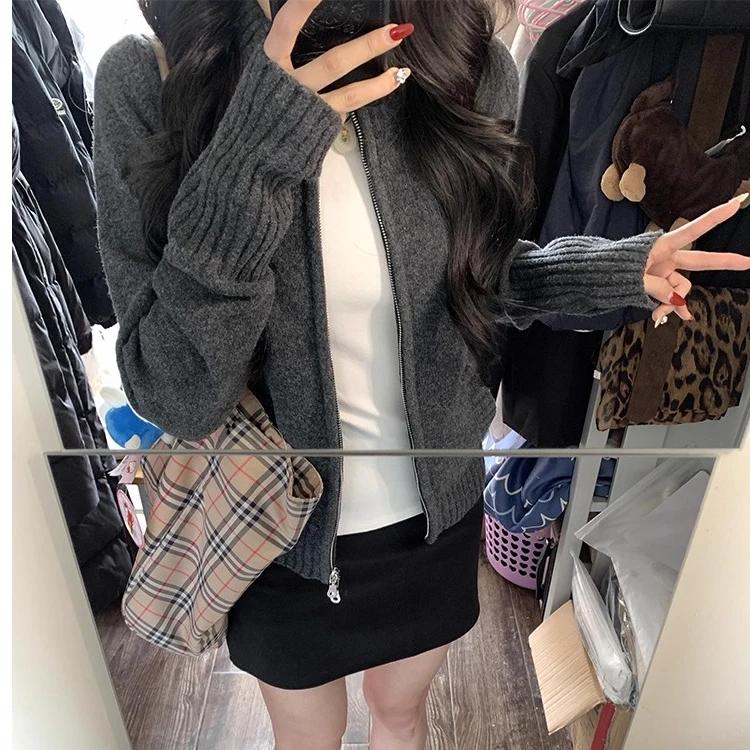 女韩系短款圆领秋季针织毛针织衫开衫休闲连帽秋冬款高级复古外衣