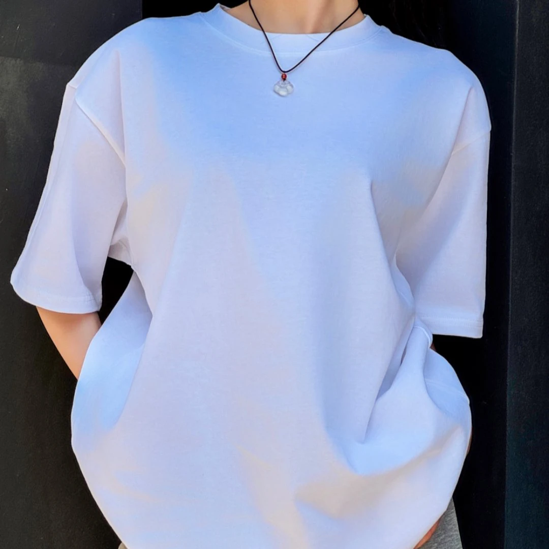 夏季情侣短袖T恤白色纯色圆领宽松休闲上衣运动风潮流高级感男装