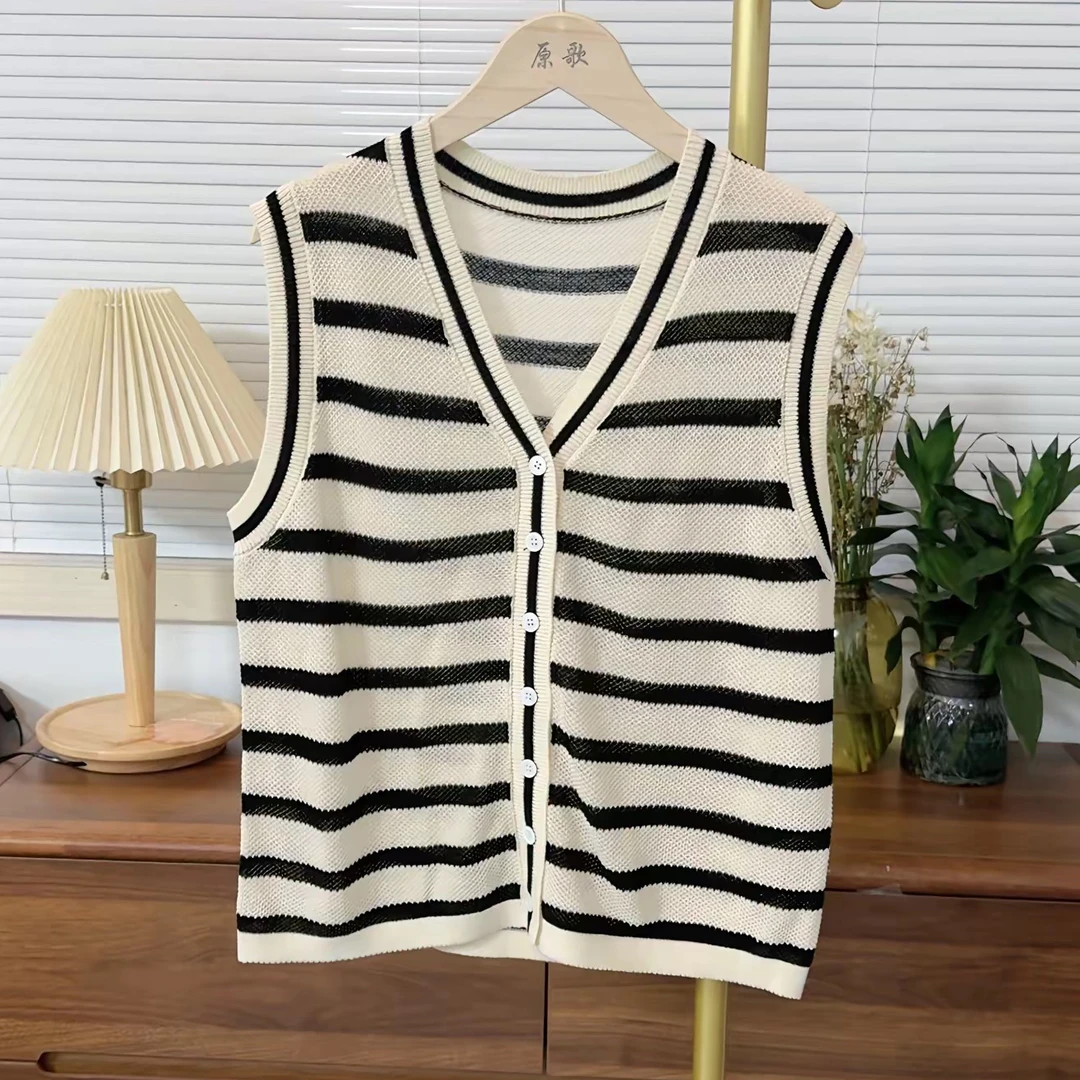 【原歌2】夏季新款V领条纹无袖背心开衫女YG743