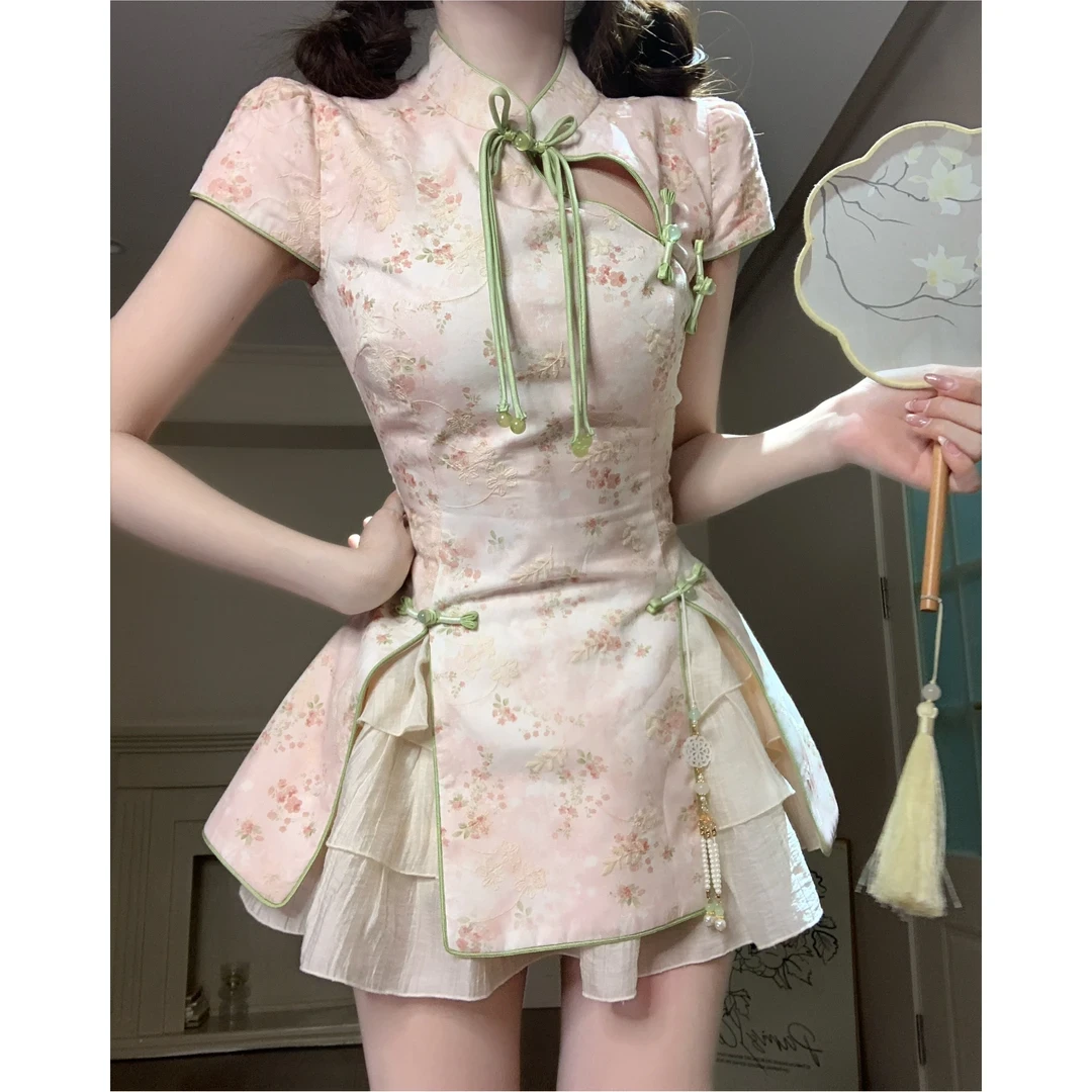 桃枝凝翠 夏季新款国风新中式设计感洋气温婉大方连衣裙短裙复古